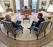 Bush and President- elect Obama in the Oval Office of the White House on 10 November